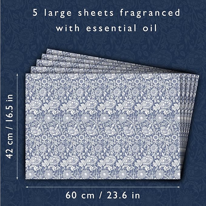 The Master Herbalist Lavender Scented Drawer Liners in a Blue William Morris Design | Pack of 5 Folded Sheets | Contains Lavender Essential Oils | Made in The UK.