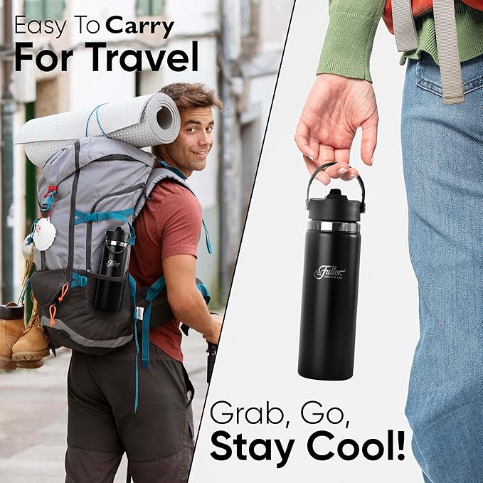 Fuller Stainless Steel Water Bottle with Straw Lid – BPA-Free, Sweat-Proof, Leak-Proof Travel Mug – Double Wall Insulated for Hot & Cold Drinks – Carry Handle (Black, 20 Oz.)