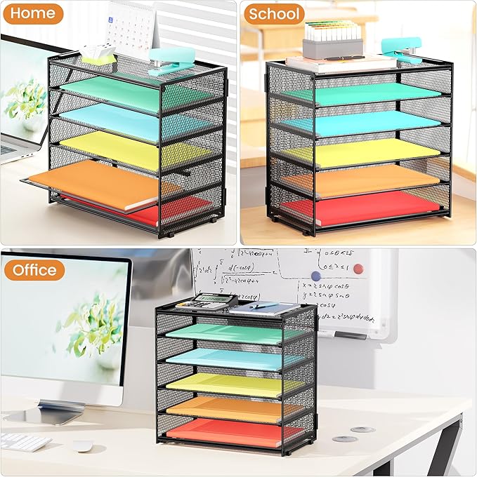 Paper Organizer Storage for Desk Accessories & Workspace Organizers 6 Tier Letter Tray Desk File Organization Metal Mesh Paper Sorter for Office-Black