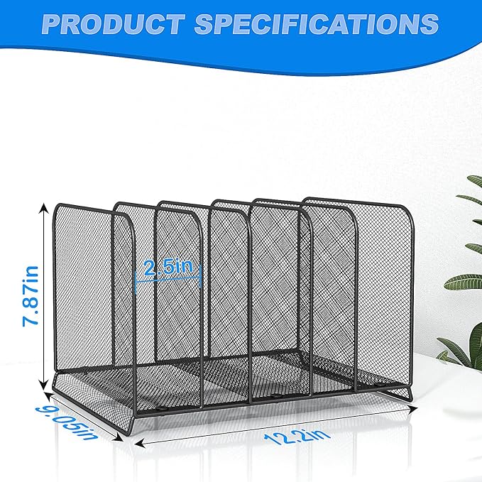 5 Sections Desk File Holder/Rack/Sorter,Mesh File Organizer,File Folder Organizer,Metal Upright Desktop Organization for Documents,Magazine,Kitchenware,Antiskid,Antirust,Sturdy,2 Packs