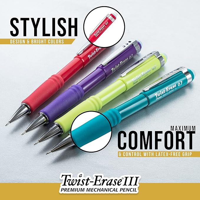 Pentel Twist-Erase III Mechanical Pencil, (0.7mm), Medium Line, Assorted Fashion Color Barrels, Pack of 4 (QE517FBP4M)