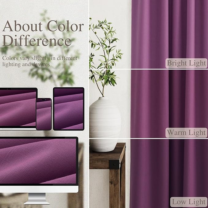 Nanspring Purple Linen Blackout Curtains 72 inch Length for Living Room Boho Farmhouse Back Tab Rod Pocket Thermal Insulated Textured Living Room Blackout Curtains 2 Panels Set 52x72 Inch