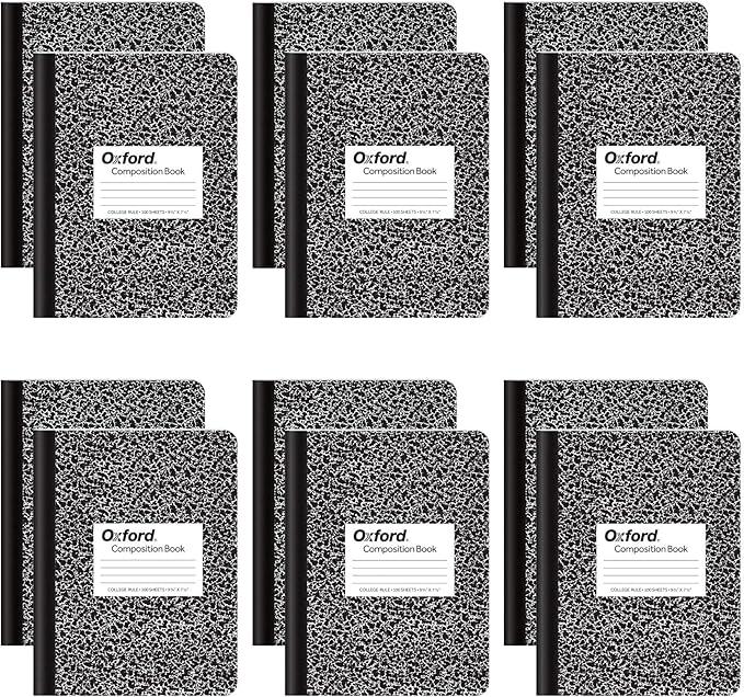 Oxford Composition Notebooks, School Supplies, Notebooks for School, College Ruled Paper, 9-3/4 x 7-1/2 Inches, School Comp Book, Black Marble Covers, 100 Lined Sheets, 12 per Pack (63796)