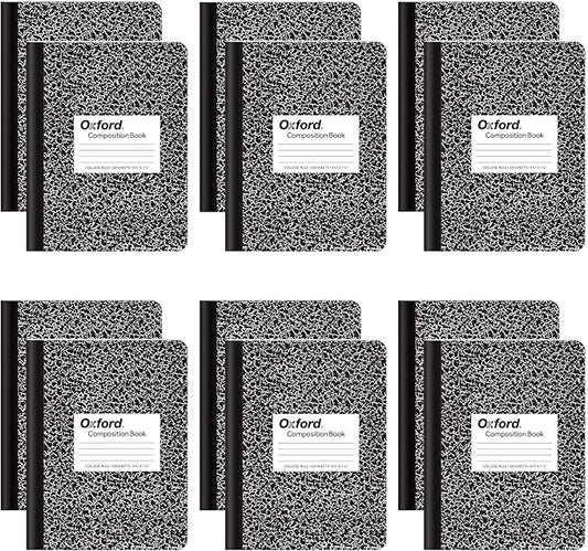 Oxford Composition Notebooks, School Supplies, Notebooks for School, College Ruled Paper, 9-3/4 x 7-1/2 Inches, School Comp Book, Black Marble Covers, 100 Lined Sheets, 12 per Pack (63796)