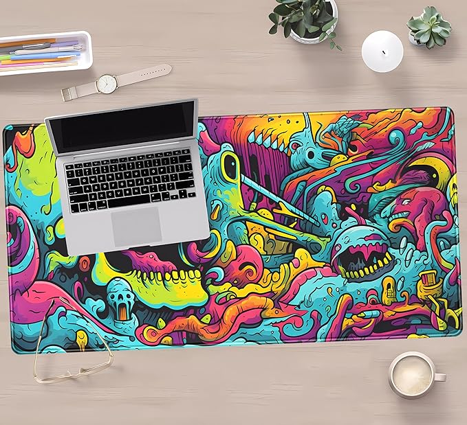 Gaming Desk Mat Skull Desk Pad Extended Mouse Pad XXL, Cool Mouse and Keyboard Mat Big Desktop Mats for Desk, Laptop Mat with Non-Slip Base & Stitched Edges, Office Decor for Men 31.5" x 15.7"