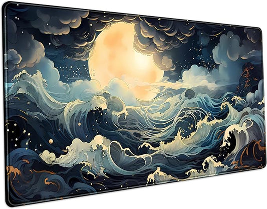 Full Moon Mousepad Cute Desk Mat Stormy Seas XXL Large Extended Gaming Mouse Pad Mat, Office Computer Mat Laptop Keyboard and Mouse Mat, Non-Slip Desk Pad with Stitched Edges, 31.5''x15.7''