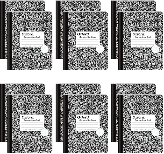 Oxford Composition Notebooks, Graph Ruled Paper, 9-3/4" x 7-1/2", Black Marble Covers, 80 Sheets, 12 per Pack (63786)