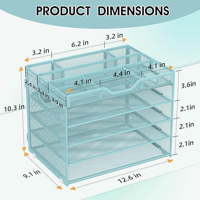 5 Tier Paper Letter Tray with 3 Drop-in Pen Holders, Mesh Desk File Organizer with Handle, Desk Organizers and Accessories for School,Home, Office Supplies Storage-Blue