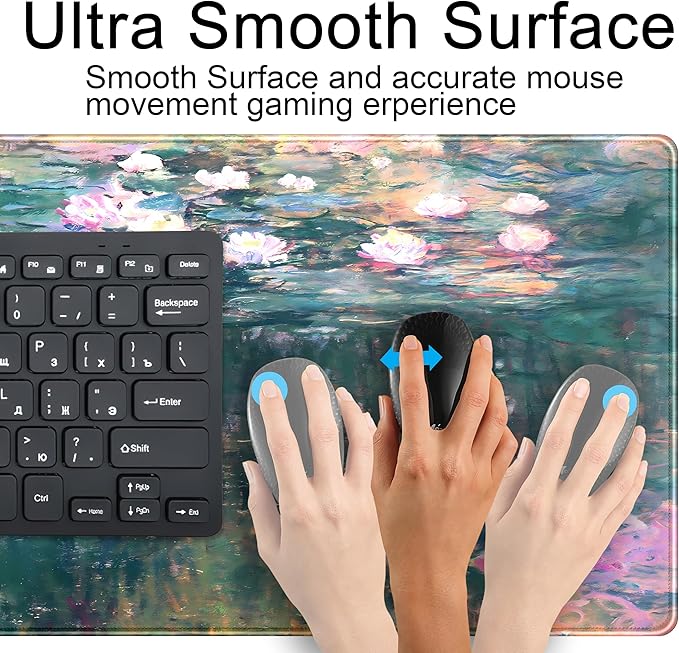 Abstract Oil Painting Mousepad Retro Water Lilies Desk Mat, XXL Large Extended Mouse Pad Gaming, Computer Laptop Keyboard and Mouse Mat, Floral Desk Pad with Stitched Edge, 31.5''x15.7''