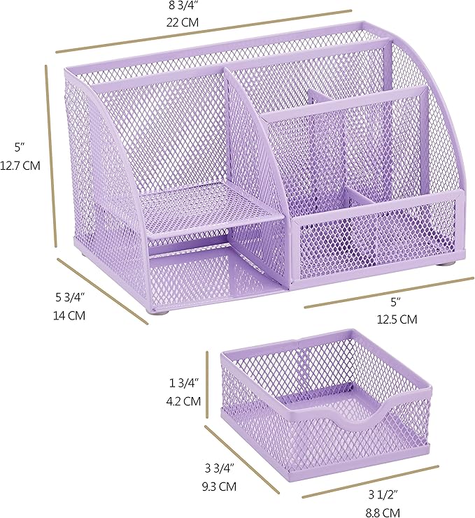Annova Mesh Desk Organizer Office with 7 Compartments + Drawer/Desk Tidy Candy/Pen Holder/Multifunctional Organizer (Light Purple)