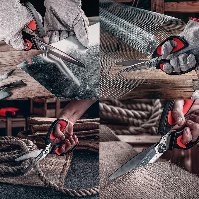 LIVINGO 10" Multipurpose Heavy Duty Scissors, Premium Titanium Coating Forged Stainless Steel Tool Industrial Shop Shears for Household, Pruning, Gardening, Fabric, Red/Black