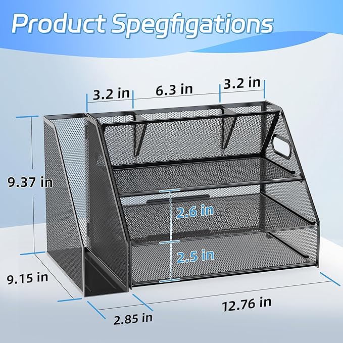 Docnest 3 Tier Paper Letter Tray, Metal Mesh Desk Organizer with Handle Builtin Pen Holder Space Saving Desktop File Storage for Office Supplies Black