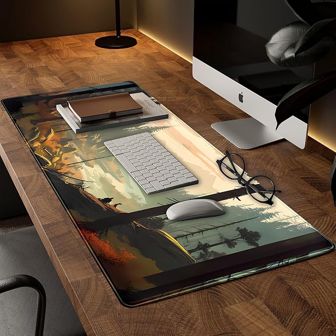 Desk Mat Gaming Desk Pad Valleys, Forest Mouse Pad XXL Extended Large Mouse and Keyboard Mat, Computer Desktop Mat with Non-Slip Base & Stitched Edges, Aesthetic Nature Desk Decor 31.5" x 15.7"