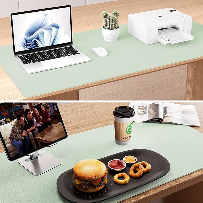 Aothia Double-Sided Desk Pad – 25.6"x13.7" Large Mouse Pad, Leather Desk Mat with Eco Cork Protector, Waterproof Desk Blotter for Office/Home (Aqua)