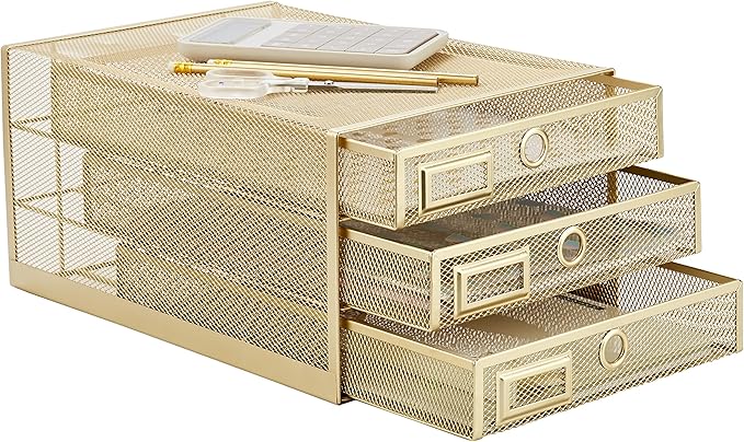 Annova Desk Organizer Wire Mesh 3 Tier Sliding Drawers Paper Sorter/Multifunctional/Premium Solid Construction for Letters, Documents, Mail, Files, Paper, Kids' Art Supplies (Gold)