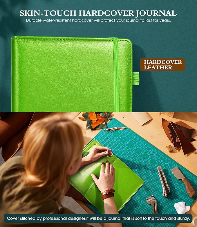 Lined Journal Notebook for Writing, A5 100 GSM Thick Paper, Leather Hardcover Journal for Woman Men, Travel Journal Diary 160 Pages(5.75'' X 8.38'' Lightgreen)