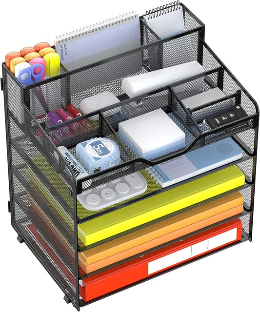 Docnest 5 Tier Mesh Desk Organizer for Paper Office Supplies – Multi-Functional Letter Tray with 5 Adjustable Compartments, 3 Pen Holders, Desktop Storage for Files, Mail, Stationery – Black
