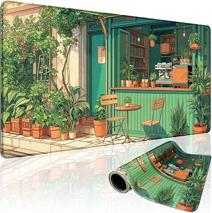 Japanese Coffee Shop Large Gaming Mouse Pad 31.5"x15.7"｜ Green Plant XXL Desk Mat, Non-Slip Rubber Base & Stitched Edges - Extended Waterproof Mousepad for PC/Laptop/Office/Home Decor