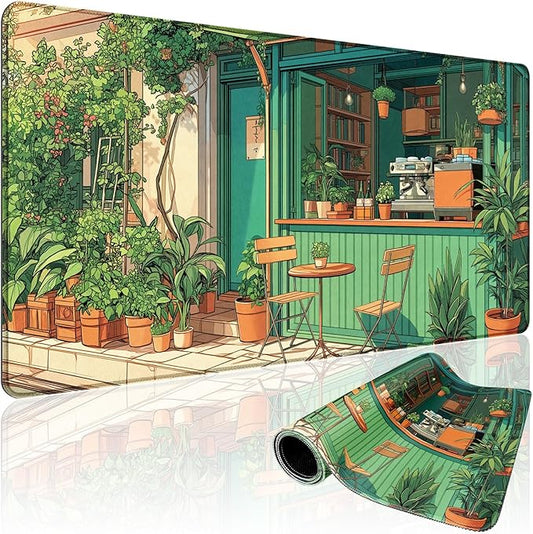Japanese Coffee Shop Large Gaming Mouse Pad 31.5"x15.7"｜ Green Plant XXL Desk Mat, Non-Slip Rubber Base & Stitched Edges - Extended Waterproof Mousepad for PC/Laptop/Office/Home Decor