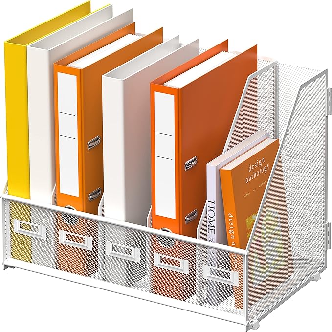 DALTACK Desk Organizers Metal Magazine File Holder with 5 Vertical Compartments Folder Storage Binder Organizer for Office Home School Organization, White Plus