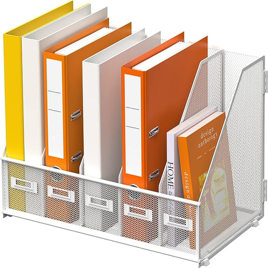 DALTACK Desk Organizers Metal Magazine File Holder with 5 Vertical Compartments Folder Storage Binder Organizer for Office Home School Organization, White Plus