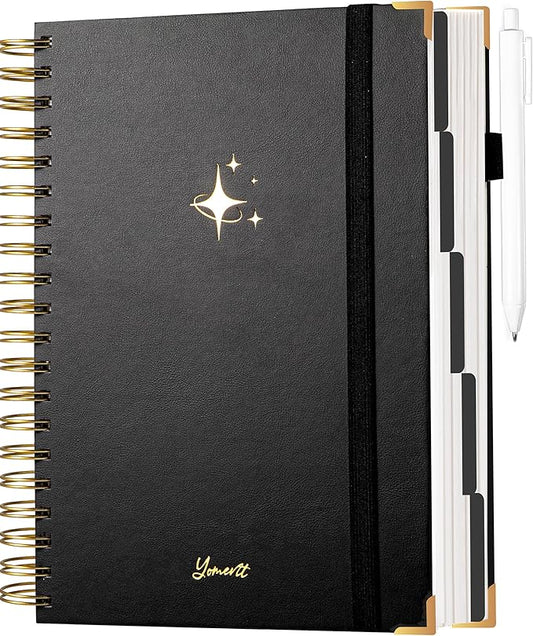Yoment Leather Spiral Notebooks for Work 5 Subject Notebook College Ruled with Dividers 360 Pages B5 Hardcover Lined Journals for Women Men Writing B5 Size, Black