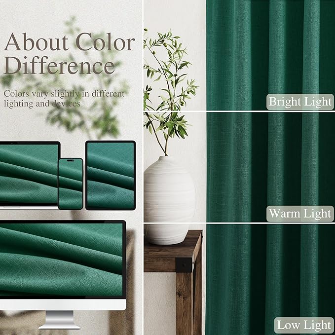 Nanspring Linen Texture Blackout Curtains 84 Inches Length 2 Panels Set Thermal Insulated Bedroom Drapes with Back Tab 100% Room Darkening Neutral Rustic Farmhouse Curtains in Dark Green 52X84