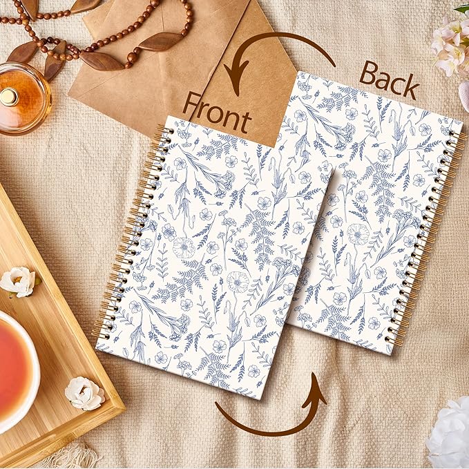 Blue Floral Notebook Journal - Floral Journal, Flower Notebook, Flower Botanical Spiral Notebooks, Blue Aesthetic Notebooks for Women, Grandmillennial Decor School Office Supplies, 6x8.2In