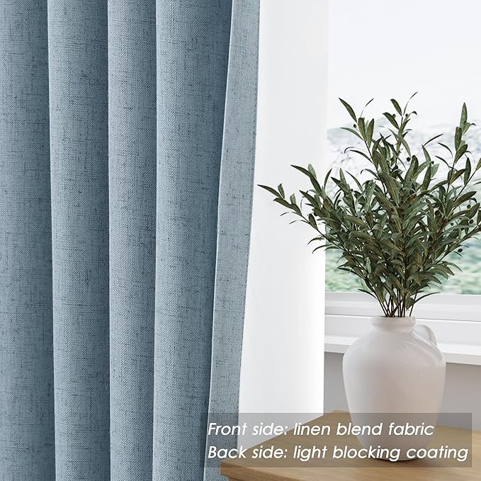 Blue Blackout Curtains 96 Inches Long for Bedroom Linen Blend Back Tab Darkening Drapes for Living Room Elegant Modern Style Black Out Curtains 2 Panels Sound Proof Curtain for Window 52X96