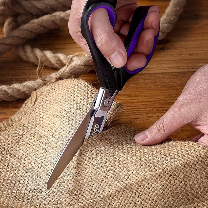 LIVINGO Industrial Scissors all Purpose: 9" Professional Heavy Duty Shears Sharp Stainless Steel - Forged Titanium Coated Scissors for Fabric Sewing Carpet Workshop Outdoor Home Office Purple/Black