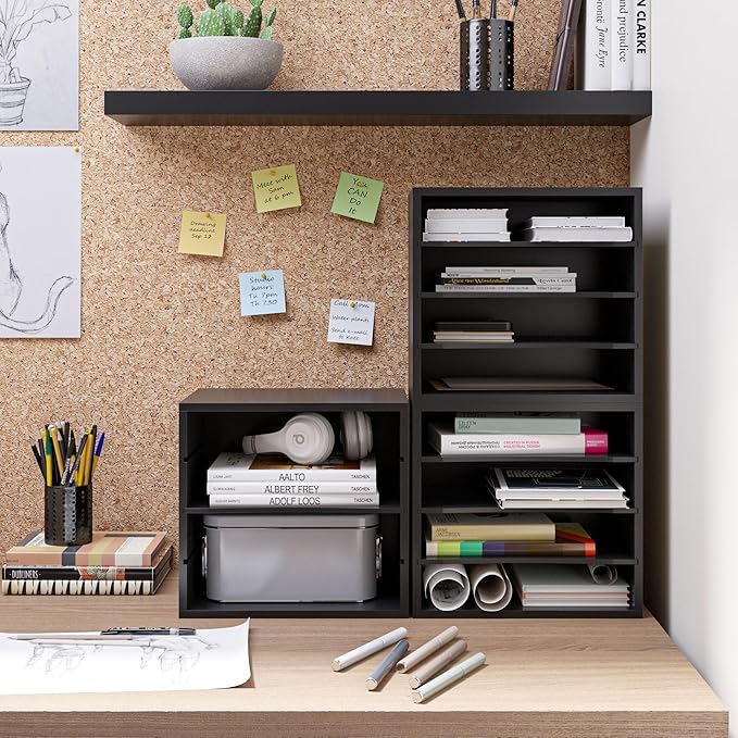 Ballucci 4-Tier Paper Organizer for Desk, Stackable Tray, Desk Storage Organizer Shelves, Stacking Letter Paper Tray Sorter for Classroom Office, Black