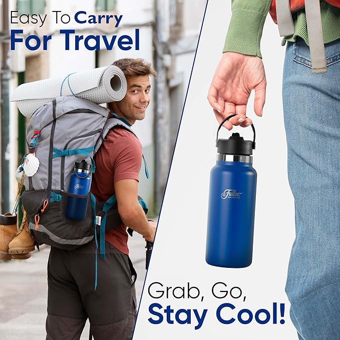 Fuller Stainless Steel Water Bottle with Straw Lid – BPA-Free, Sweat-Proof, Leak-Proof Travel Mug – Double Wall Insulated for Hot & Cold Drinks – Carry Handle (Mazarine Blue, 32 Oz.)