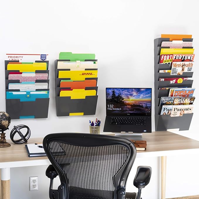 Wallniture Lisbon 15-Tier Wall Mounted File Holder and Desk Organizer, Metal Gray Office Organization and Storage Rack