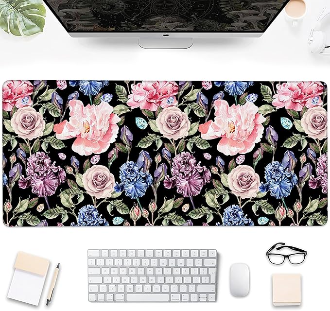 Gaming Mouse Pad, Watercolor Rose Peony and Iris Flower Large Desk Mat for Keyboard and Mouse,Non-Slip Rubber Base and Stitched Edges Desk Pad for Home Office 35.4x15.7in