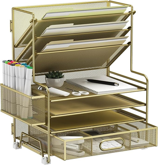 4-Tier Paper Organizer + 3-Pocket File Holder + Drawer + Pen Holders, Desktop File Organizers Paper Tray for Office Supplies School Classroom Organization (Gold, with Drawer & Pen Holder)