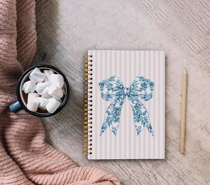Chinoiserie Blue Floral Bow Notebook Journal, Preppy Aesthetic Journal Notebook for Note Taking Work, Girly Notebook, Preppy Stuff, Pink Striped Spiral Notebook 5.5x8.3 Inch