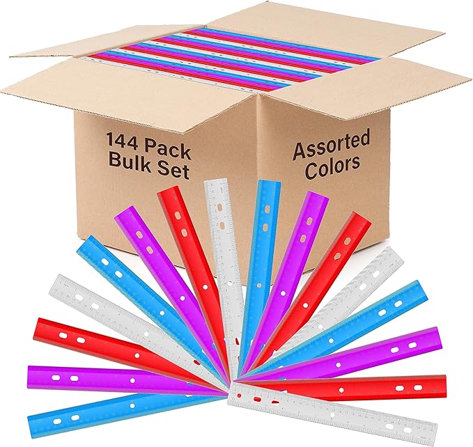 Rulers Bulk for Classroom (144 Bulk Pack) Plastic Ruler 12 Inch, Ruler with Centimeters and Inches, Rulers Bulk for Classroom, Bulk School Supplies Wholesale, Assorted Colors, (144 Pack Bulk)