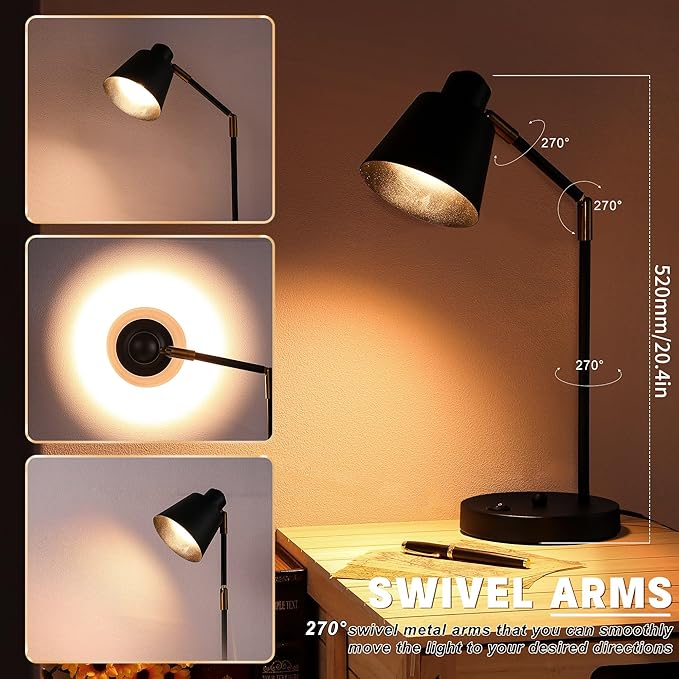 LED Desk Lamp with Dual USB Charging Ports, 100% Metal, 270° Swivel Arms, Soft White Light (3000K), Bedside Reading Lamp, Home Office Lamp (Black)