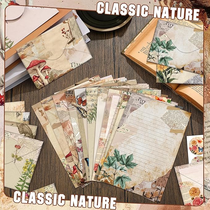 TaoBary 160 Pcs Stationery Paper Set 50 Double Sided Stationery Papers with 50 Matching Envelopes and 60 Round Dot Sticker, 10 Design(Nature Vintage Style,5.5 x 8.25 Inch)