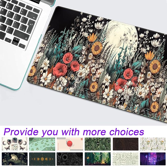 Cute Watercolor Floral Desk Pad Mouse Pad Full Moon Daisy Desk Mat XL Large Extended Anime Gaming Mousepad 31.5''x11.8'', Aesthetics Women Office Decor Matt Keyboard Mouse Mat with Stitched Edges