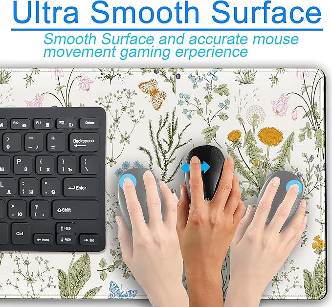 Cute Flowers Desk Mat Pressed Dried Floral Mouse Pad Neutral Beige Sage Green XXL Large Extended Gaming Mousepad Deskmat 31.5x15.75 in, Laptop Keyboard and Mouse Mat for Women Office Gamer Girl