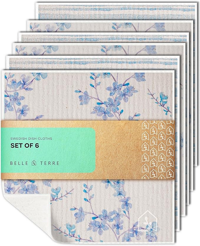 Swedish Dish Cloths for Kitchen - Reusable Cellulose & Cotton Cleaning Kitchen Cloth Towels - Absorbent Dishcloth for Washing, Cleaning, Dishes, Counter & More - Assorted 6 Pack of Washable Dishcloths