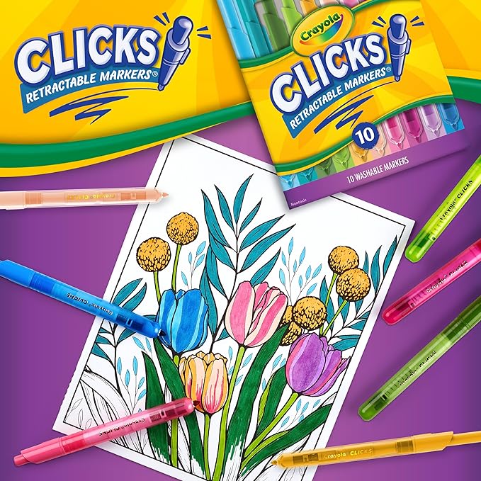 Crayola Clicks Retractable Markers - Bold (10ct), No Dry Washable Markers for Kids, Click Markers for School, Must Have Coloring Supplies, Gifts