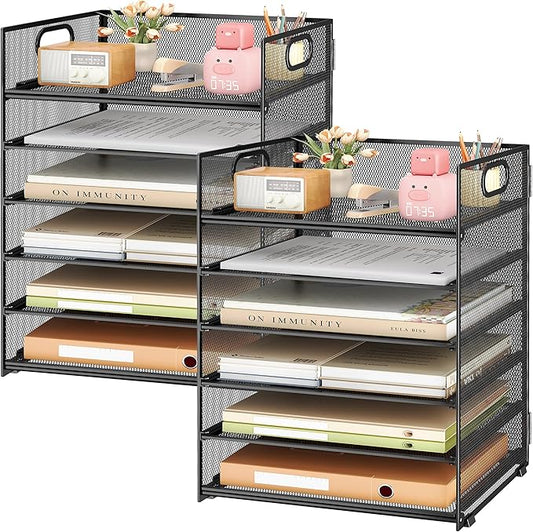 Subekyu 2-Pack 6-Tier Paper Tray Organizer for Desk - Black Mesh File Folder Sorter with Handles, Desk Letter Holder for Office, Home, School Supplies Storage & Organization
