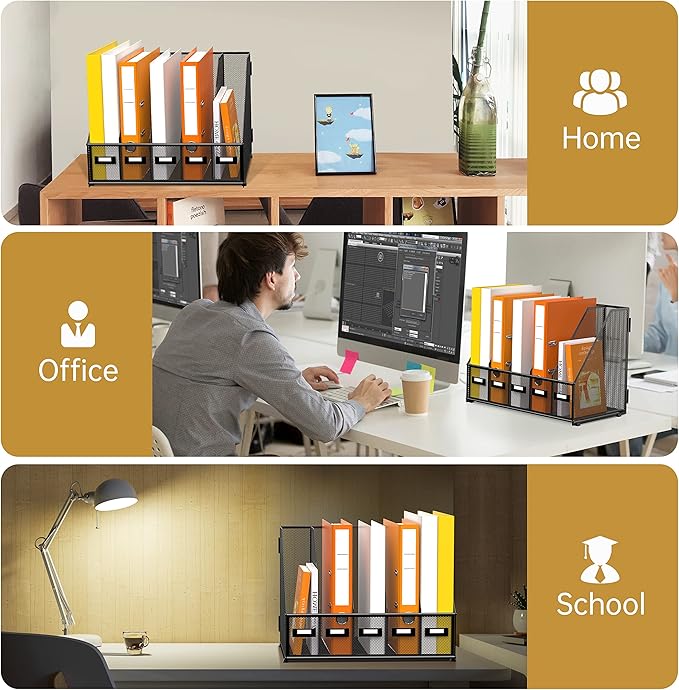 DALTACK Desk Organizers Metal Magazine File Holder with 5 Vertical Compartments Folder Storage Binder Organizer for Office Home School Organization, Black Plus