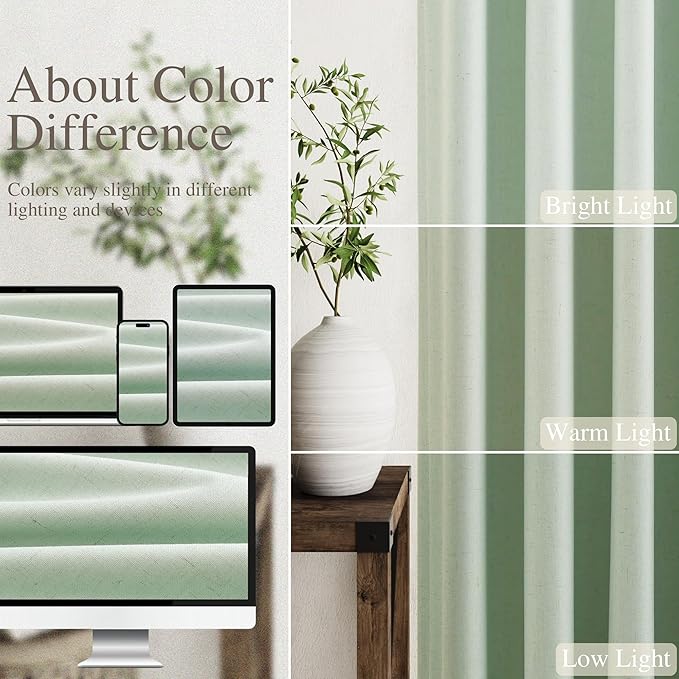 Nanspring Aqua Green Linen Blackout Curtains 96 Inches Long Back Tab Rod Pocket Heat Reducing Noise Cancelling Total Sun Blocking 2 Panels Set for Sliding Door Boho Farmhouse Curtains Drapes 52x96