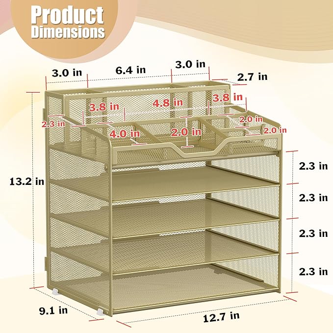 Docnest 5 Tier Mesh Desk Organizer for Paper Office Supplies – Multi-Functional Letter Tray with 5 Adjustable Compartments, 3 Pen Holders, Desktop Storage for Files, Mail, Stationery – Gold Yellow