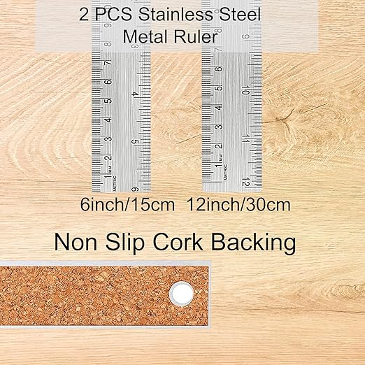 Metal Ruler with Cork Backing: 6+12 Inch Stainless Steel Non-Slip Ruler with Inch and Centimeters