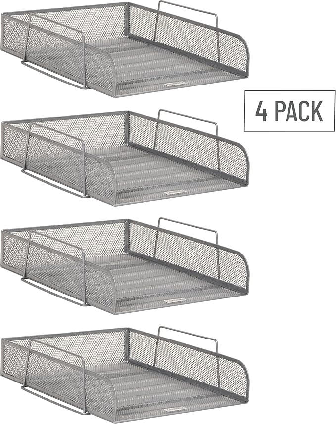 Mind Reader Stackable Paper Tray, Desktop Organizer, File Storage, Office, Metal Mesh, 10.5" L x 13.5" W x 11.25" H, 4 Pcs., Silver