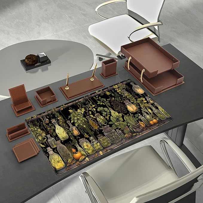 Desk Mat Green Plants Mouse Pad Gaming Mat Dark Keyboard Mat, Long Mouse Mat XXL Extended Desktop Mat Magical Bottles Computer Mats with Stitched Edges, Office Desk Accessory 31.5" x 15.7"